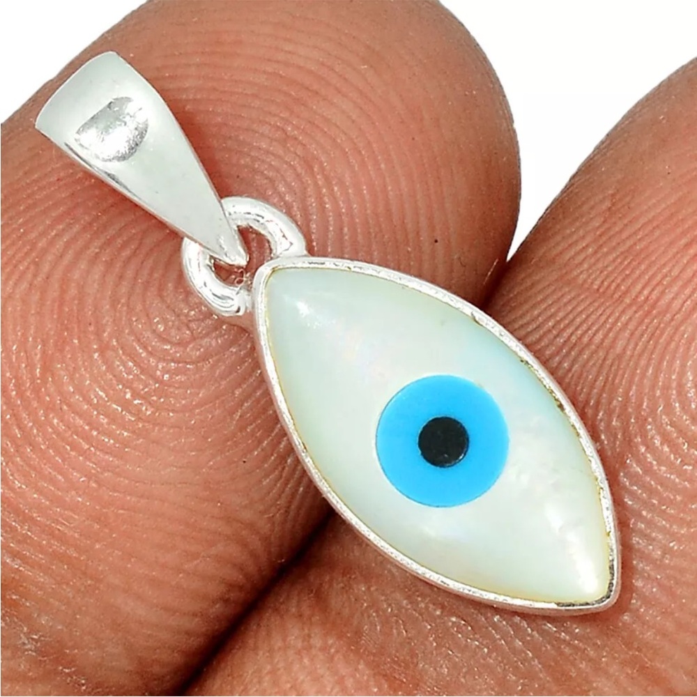 Evil Eye Mother of Pearl & Blue Turquoise Solid Sterling Pendant 925 w/ Chain